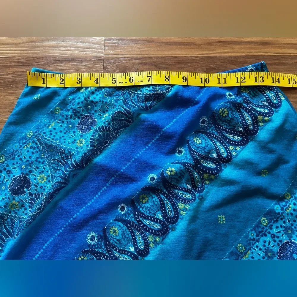 True Vintage Y2K Blue Boho Print Pull on Skirt Frayed Hem Size Large